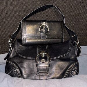 Vintage Coach Black Leather Handbag and Wallet Set